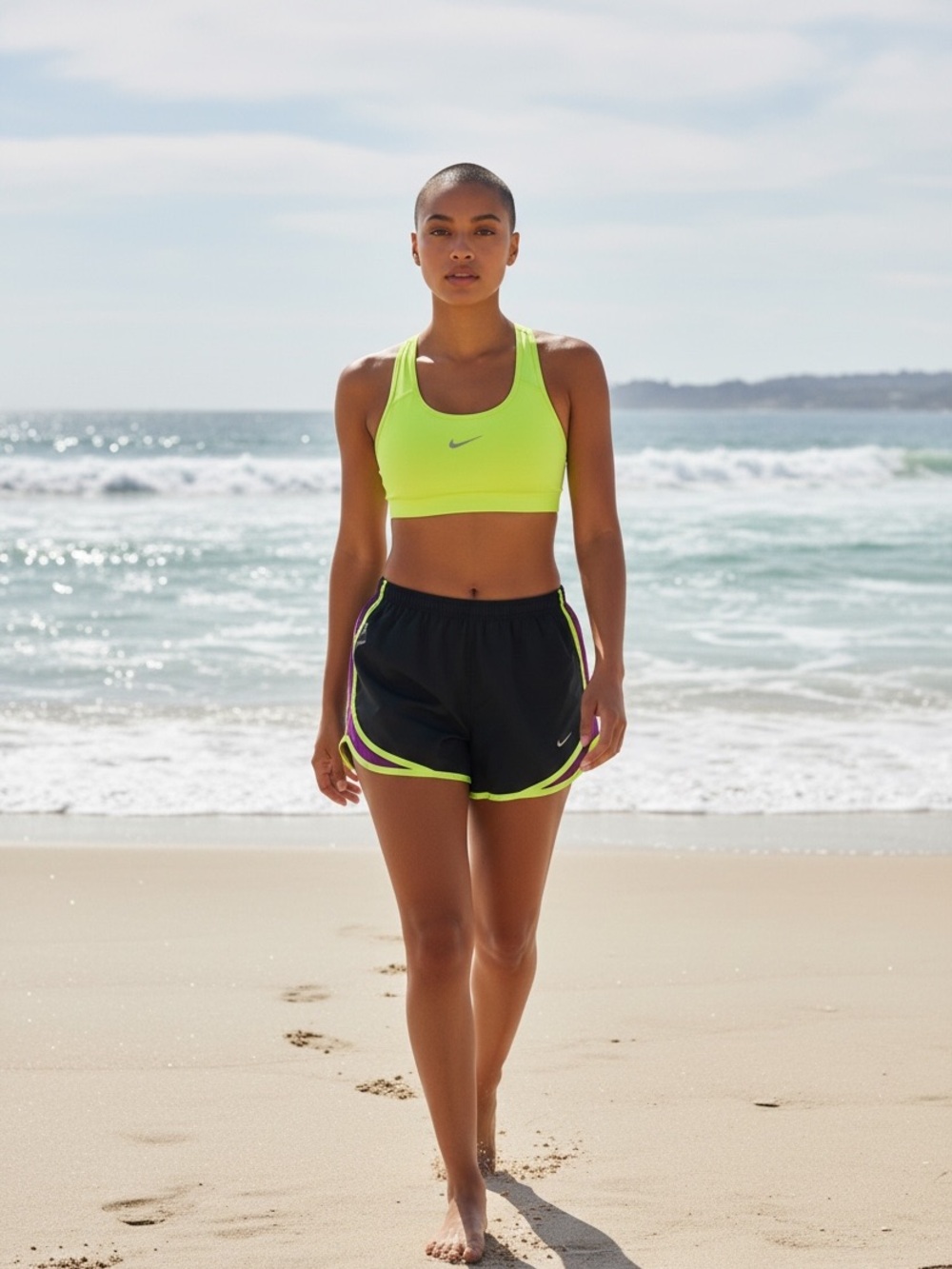 Nike Women’s Neon Yellow Sports Bra with Black & Purple Trim Running Shorts
